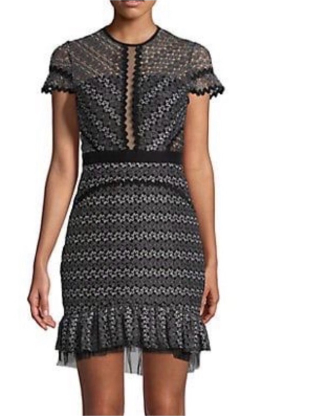 NWT Few Moda Black Silver Lace cocktail Dress with Ruffle Hem S